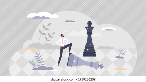 Defeat competitors in business as winning chess game tiny person concept. Company strategy success using powerful move for advantage vector illustration. Businessman overcoming other corporation piece