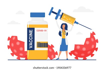 Defeat, destroy of corona virus cells, vaccination concept vector illustration. Cartoon happy doctor woman character standing with vaccine medical bottle, holding syringe injection isolated on white