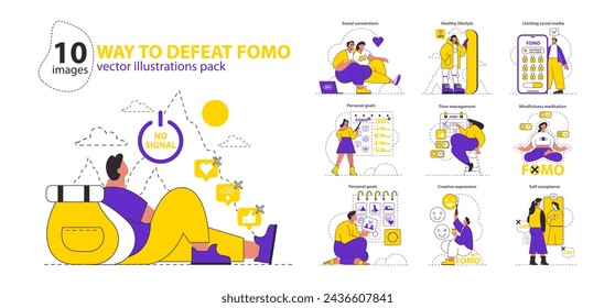 Derrota a FOMO. Superar la ansiedad de perderse a través de varias actividades. Participar en objetivos personales, aceptar la aceptación de uno mismo, limitar los medios sociales. Ilustración de vector