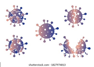 Defeated coronavirus, disrupted virus with gradient on white background. Broken destroyed corona viruses. Victory over the epidemic. Virology.