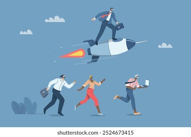 Defeating business competitors, New creativity creates competitive advantage, Business leaders win, Strategies and ideas for success, Businessman riding a rocket at high speed, Vector design.
