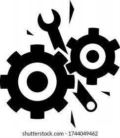 Defective machine. Broken gears. Damaged cogwheels. Jammed mechanism. Wrench stuck in device. Bent tool. Industrial accident. Dangerous situation.