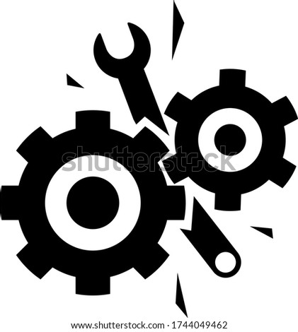 Defective machine. Broken gears. Damaged cogwheels. Jammed mechanism. Wrench stuck in device. Bent tool. Industrial accident. Dangerous situation.