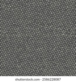 Defective pattern with white dashes on black surface. Coarse fabric with frayed seams. Dark mottled background. Abstract vector seamless.