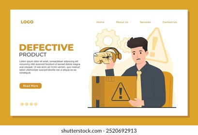 Defective product landing page template with bad quality broken computer monitor, gamepad and phone