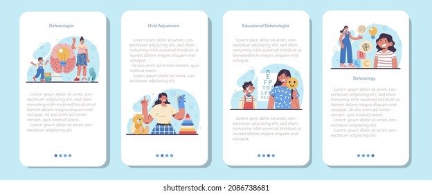 Defectologist mobile application banner set. Psychologist or educator working with special special needs children. Kids with physical and mental defects care. Flat vector illustration