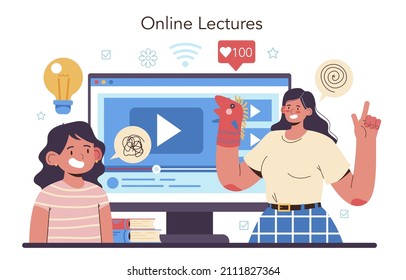 Defectologist Online Service Or Platform. Psychologist Or Educator Working With Special Special Needs Children. Online Lecture. Flat Vector Illustration