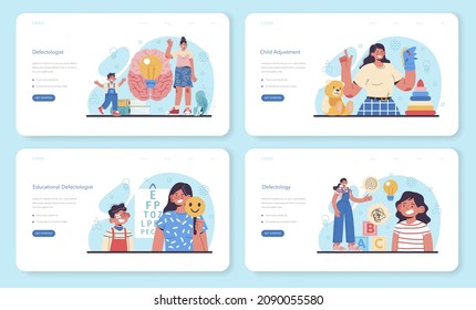 Banner web o página de aterrizaje de defectólogo. Psicólogo o educador que trabaja con niños con necesidades especiales. Niños con problemas físicos y mentales. Ilustración vectorial plana