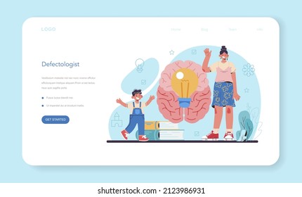 Defectologist Web Banner Or Landing Page. Psychologist Or Educator Working With Special Special Needs Children. Kids With Physical And Mental Defects Care. Flat Vector Illustration