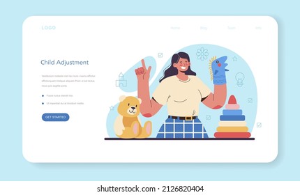 Defectologist Web Banner Or Landing Page. Psychologist Or Educator Working With Special Special Needs Children. Kids With Physical And Mental Defects Care. Flat Vector Illustration