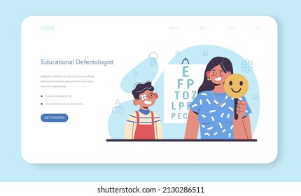 Defectologist Web Banner Or Landing Page. Psychologist Or Educator Working With Special Special Needs Children. Kids With Physical And Mental Defects Care. Flat Vector Illustration