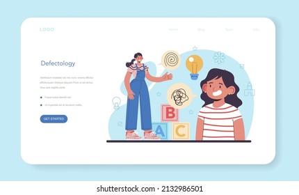 Defectologist Web Banner Or Landing Page. Psychologist Or Educator Working With Special Special Needs Children. Kids With Physical And Mental Defects Care. Flat Vector Illustration