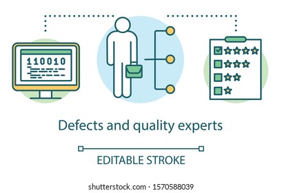 Defects and quality experts concept icon. Ratting IT idea thin line illustration. Software testing process. Indicating issues and problems. Vector isolated outline drawing. Editable stroke
