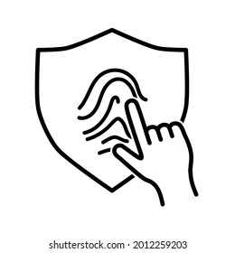 Defensa mediante un icono plano de huella dactilar. Pictograma Escudo para web. Icono de línea. Aislado sobre fondo blanco. Pasos de vector de contorno10