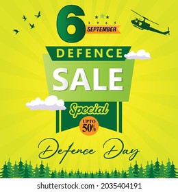 Defence Day Pakistan. Special Defence Sale. 6 September 1965. Pakistan Army Helicopter Birds Stars on Light Green Rays Gradient Background