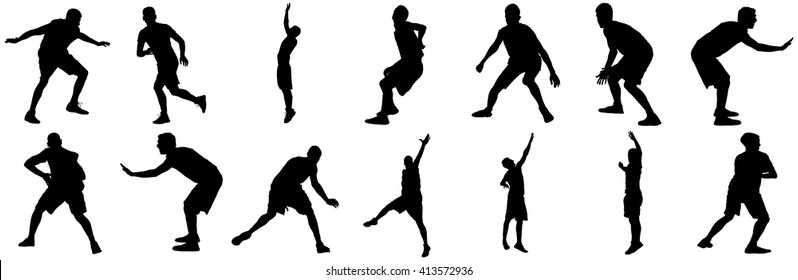 Defence, defense position of basketball players black silhouette vector illustration isolated on white background.