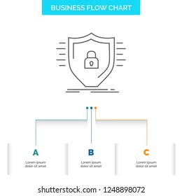 Defence, firewall, protection, safety, shield Business Flow Chart Design with 3 Steps. Line Icon For Presentation Background Template Place for text