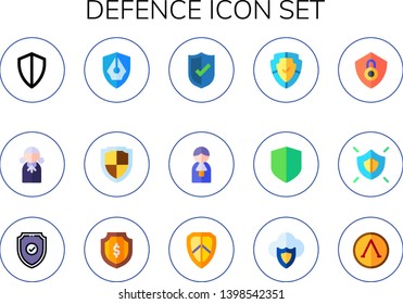 defence icon set. 15 flat defence icons.  Collection Of - shield, judge