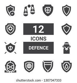 defence icon set. Collection of 12 filled defence icons included Shield, Judge, Judging