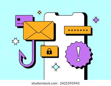 Defend against e-mail phishing and mobile fraud. Enhance online safety with fraud alert system. E-mail phishing, scam malware neobrutalism design style vector illustration on mint background