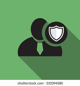 Defend black man silhouette icon on the vintage green background, long shadow flat design icon for forums or web