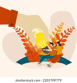 defend ideas from thieves or robbers holding light bulbs. Concept of borrowing or stealing creative ideas or intellectual property, copyright infringement. Flat vector illustration for a poster.