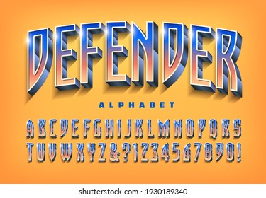 Defender is an alphabet design with gradients and shiny highlights. Good for superhero, sporting, or game logos.