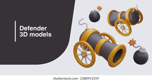 Defender concept. 3D models of cannon guns, front and back view, cannonballs with burning cord. Ancient artillery. Set of colorful vector images for gaming web design