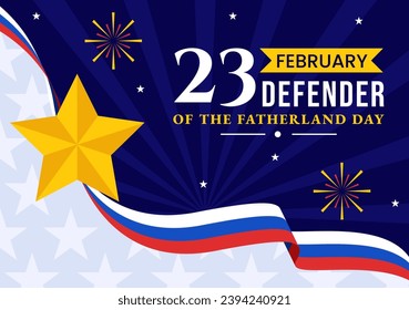 Ilustración vectorial del Día de la Patria el 23 de febrero con bandera y estrella rusas en festividad nacional de fondo de caricatura plana de Rusia