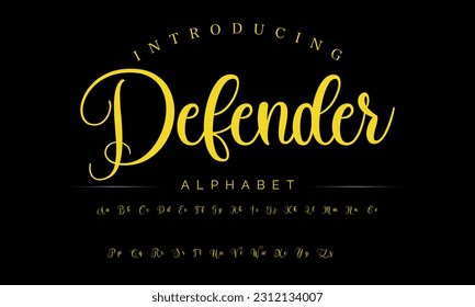 Defender Lettering signature font isolated on grey background. brus style alphabet. Vector logo letters.