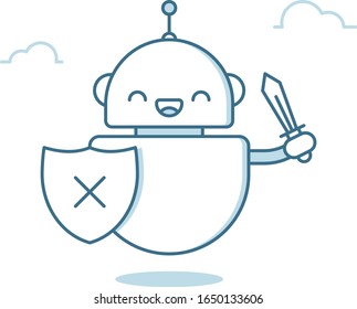 Defender robot with sword and shield, illustration in outline style