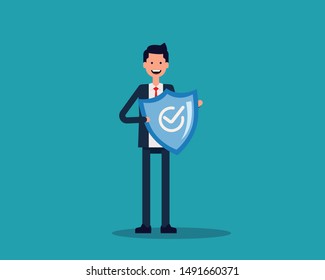 Defender security business metaphor. Vector illustration shield reflecting concept, Protected from attack, Smile cartoon character design.