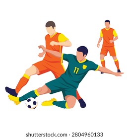 A defender in a teal kit slides to steal the ball from an attacking player in orange. Ideal for sports blogs, action graphics, and coaching manuals.