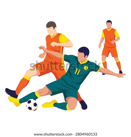 A defender in a teal kit slides to steal the ball from an attacking player in orange. Ideal for sports blogs, action graphics, and coaching manuals.