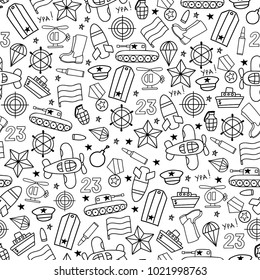 Defenders day military seamless vector pattern on white background. Russian national holiday on 23 February. Black and white colors.