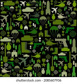 Defenders day military seamless vector pattern on black background. Russian national holiday on 23 February. Elements and symbols of the Russian army. 
23 february greeting card template.