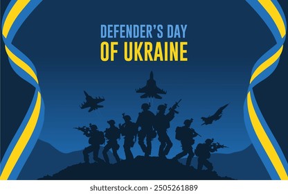 Defender's day of Ukraine. Defenders Day Commemoration on October 14. Banner with a Group of Soldiers and a warplane. Ukraine Flag Banner.