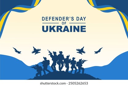 Tag des Verteidigers der Ukraine. Der Tag der Verteidiger ist ein öffentlicher Feiertag in der Ukraine. Gedenktag der Verteidiger am 14. Oktober. Banner mit Soldaten und Kampfflugzeugen. Flaggenbanner der Ukraine.