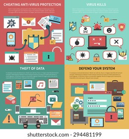 Defending against attacking antivirus software and data theft 4 flat icons square composition banner abstract vector illustration. Editable EPS and Render in JPG format