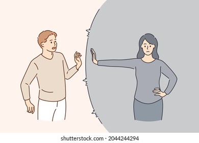 Defending personal boundaries and freedom concept. Young woman standing and feeling in capsule defending her own private personal boundaries from man vector illustration 