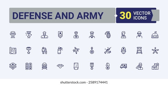 Defense and Army line icons. Featuring airplane, missile, radar, artillery, tri and more. Perfect for logos and infographic. Solid line editable stroke. Vector line and solid icons.
