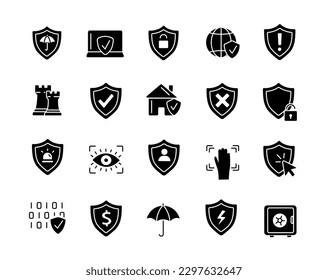 Schützen Sie die schwarzen Symbole. Internetsicherheit und -sicherheit, Schutzschild mit Prüfzeichen auf dem Bildschirm. Hackprävention und Antivirenprogramme. Cartoon-FlachVektorgrafiken einzeln auf weißem Hintergrund
