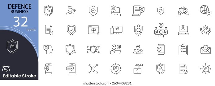 Defense business related icons set. Including cybersecurity, shield, firewall, lock, encryption, antivirus, data protection, and prevention. Editable stroke. outline icons.