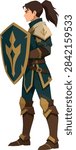 defense class trainee wielding a shield side profile facing left full body vector illustration