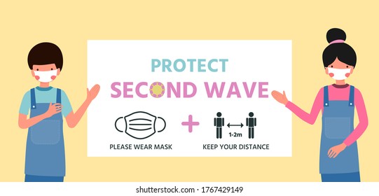 Defense concept of second and first wave outbreak, warning sign how to prevent coronavirus covid-19, cute character pointed his hand toward  sign, vector illustration for graphic design, pink cheek