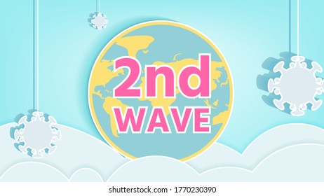 Defense concept of second and third wave outbreak, 2nd wave lettering on world map and coronavirus around, vector illustration for graphic design, relaxing color&atmosphere, paper cut and craft style