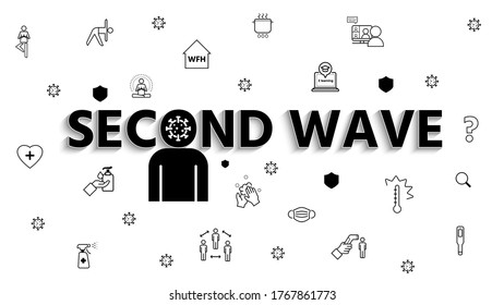 Defense concept of second wave outbreak, lifestyle icons after coronavirus pandemic, second wave alphabet, vector illustration for graphic design