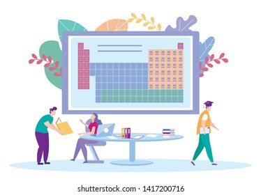 Defense Diploma in Distance Learning. Distance Learning Online. E-Learning. Online Training. Man with Laptop on Background Monitor. Sit at Table. Vector Illustration. Getting Diploma. Study Chemistry.