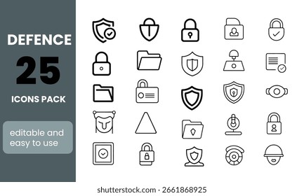 Conjunto de ícones editáveis do Defense. Ilustração vetorial no estilo de linha fina moderna de ícones relacionados com proteção: escudo, defensor, torre e assim por diante. Pictogramas e infográficos para aplicativos móveis.