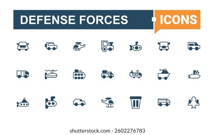 Defense Forces icon pack. Contains related to fight, navy, munition, army, fighter, artillery and more. Military related icon. Modern linear icons. Pixel perfect. Editable vector.